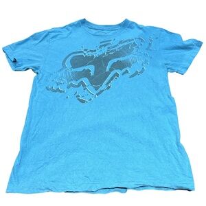Y2K VINTAGE FOX RACING blue men's graphic tee with fox logo, size medium.